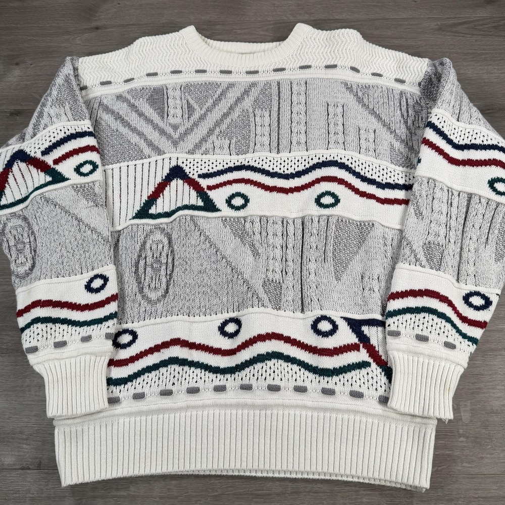 Vintage London Fog Sweater Mens Large White Geometric 3D Knit Pullover USA 90s